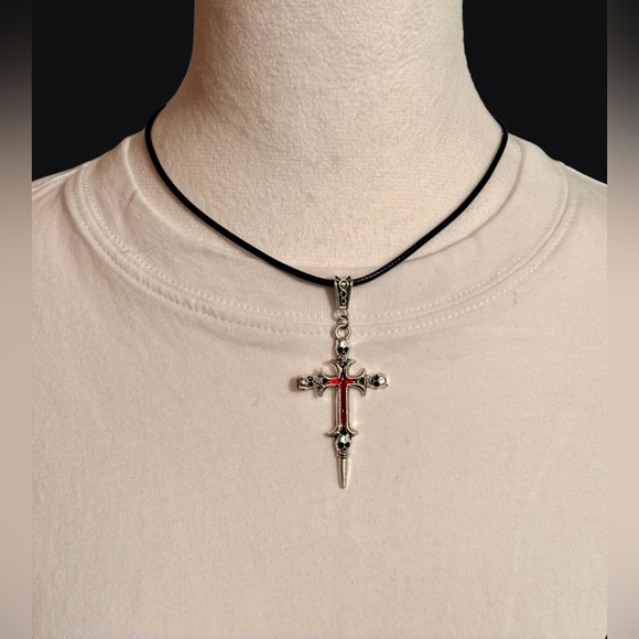 Silver Skull Cross Pendant on a Black Cord Necklace - Picture 2 of 7